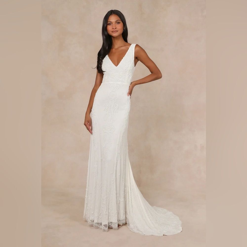 Lulus Passionate Romance White Beaded Sequin Mermaid Maxi Dress